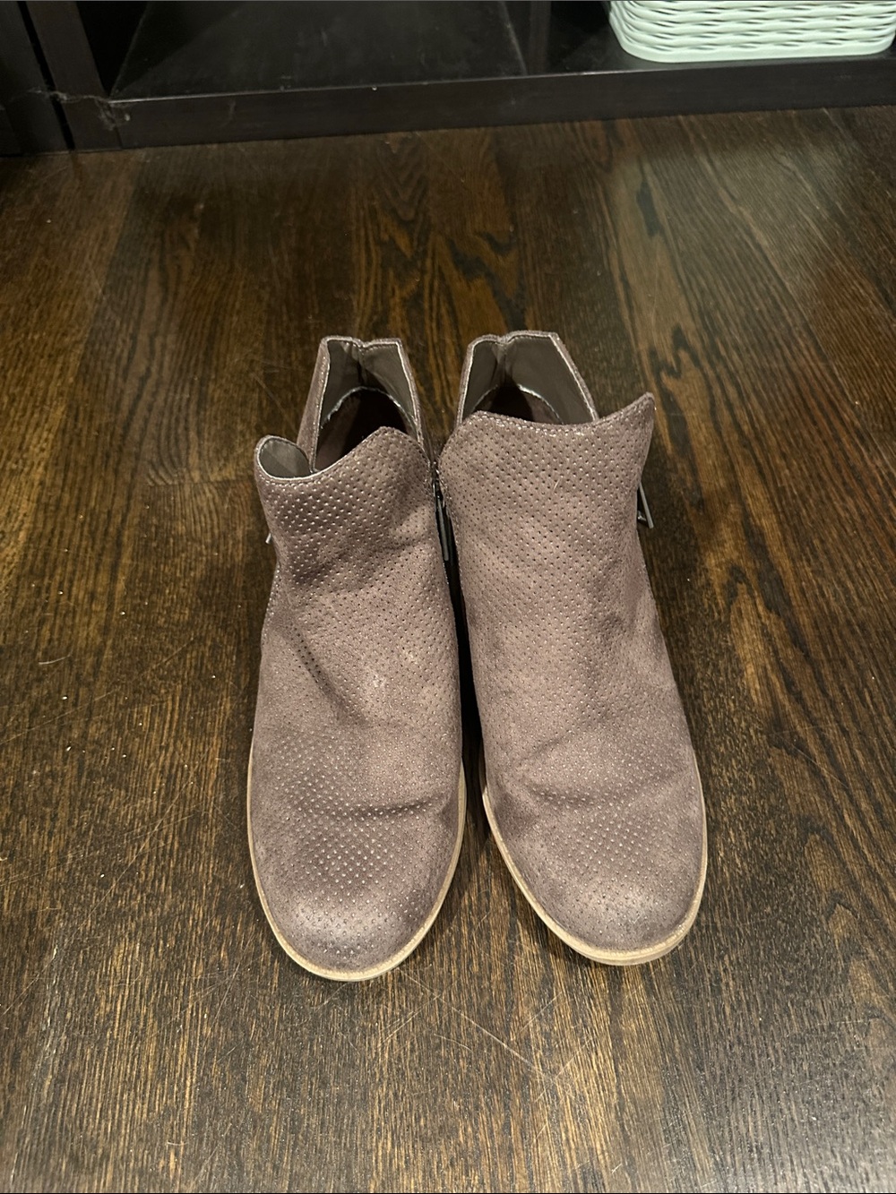 Universal Thread Perforated Suede Ankle Booties in Taupe
